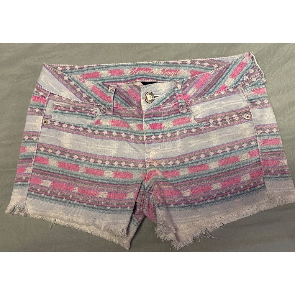 American‎ Eagle Womens Pink Blue Aztec Denim Stretch Shorts Frayed Size 6